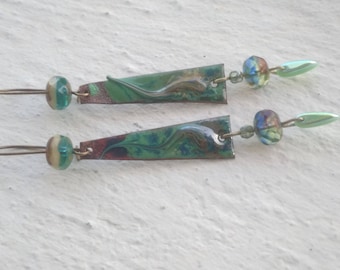 Earrings: Enameled copper and Czech glass beads