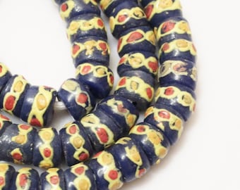 Blue African Beads (12), Ethnic Glass Beads, African Krobo Beads, Blue Yellow Beads
