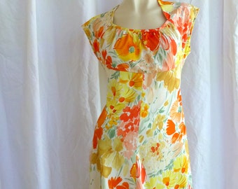Vintage 1970s Flower Day Dress Big Yellow and Orange Flowers Modest Soft Pleated Neckline Medium