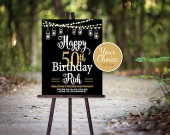 Birthday Welcome Sign Printable | with Garland Lights and Lanterns | 40th 50th 60th or Any Age | Personalized | DIGITAL PRINTABLE FILES