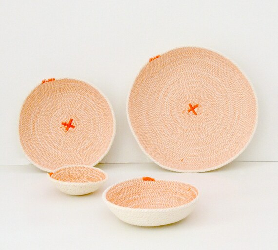 Desk organiser cotton rope baskets in orange and white rope bowls, Gift for mum, Boho nursery decor Jewelry bearer, Gift ideas Gift for her