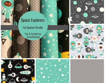 NEW Fat Quarter Bundle - Fabric by the Yard - Quilt Fabric - Mint and Grey Fabric - Space Explorers -Robert Kaufman - Explorers