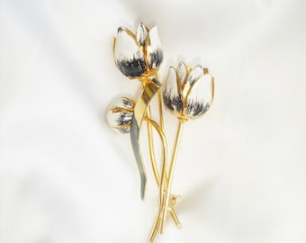 Vintage Gold Tone Enamel Tulip Brooch, Flower Brooch, Tulip Flower Brooch, 3D Brooch, Traditional Jewelry
