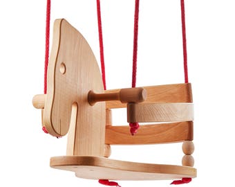 Toddler Wooden Swing - Cute Horse Figure Safety Seat - High Quality Natural Wood Swing For Nursery Or Outdoors Garden