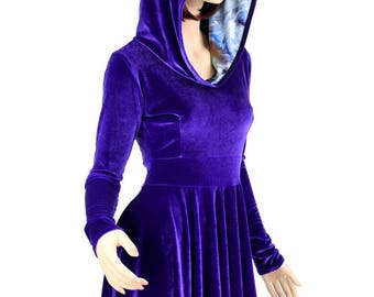 Purple Velvet Long Sleeve Fit and Flare Hoodie Skater Dress w/Swirling Smoke Hood Liner - 154793