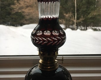 Vintage Ruby Red Cut Glass Kerosene Lamp
