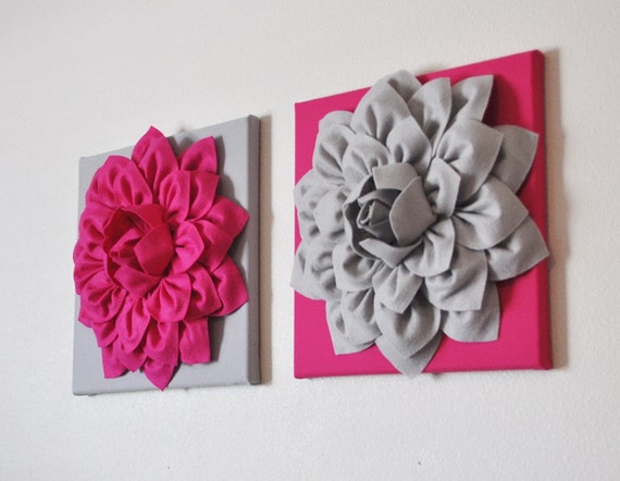 TWO Pink and Gray Wall Art Decor Hot Pink And Gray Mix