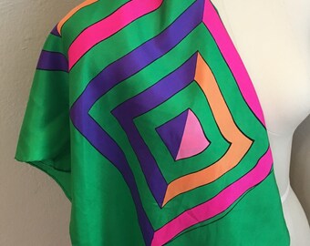 Vintage 80's Echo Vivid Green Geometric Optical Print Scarf