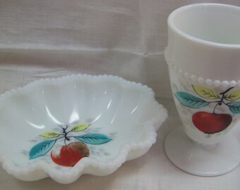 Westmoreland Beaded Edge Milk Glass Crimped Oval Nappy plus Footed Tumbler w Apples Beautiful