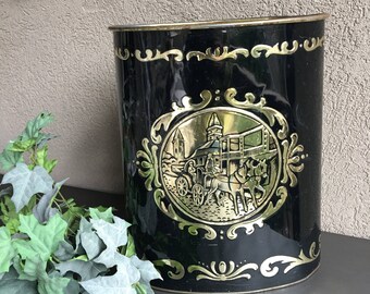 Harvell Black & Gold Trash Can Metal Garbage Bin / Vintage Waste Paper Basket - #J4051