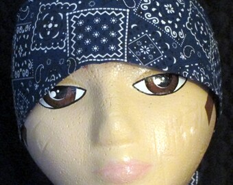 Handmade Blue Bandanna Chemo Cap, Skull Cap, Motorcycle, Head Wrap, Hair loss, Bald, Hats, Do Rag, Surgical Cap, Alopecia, Caps,Helmet Liner