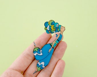 Blue fairy brooch or necklace, pixie pendant, illustrated jewelry, wearable art