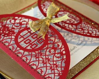 Laser Cut - DOUBLE HAPPINESS - *Sample* Shimmering Red with Gold Glitter Laser Cut Folder Chinese Wedding Invitation Asian