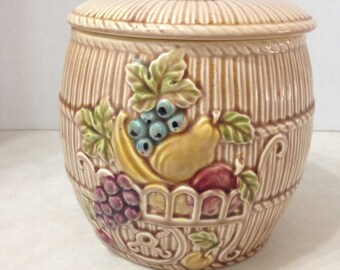 Brown Cookie Jar with Fruit, Vintage 1950's ESD Hand Painted Cookie Jar
