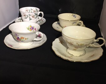 Vintage Mismatched China Tea Cups and sauces~Tea Party~4 Sets~Wedding Decor