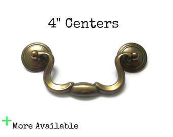 Vintage Drawer Pulls - 4" centers bail pulls or handles - ornate antique brass metal - 4 inch on center hole spacing - swinging swan neck