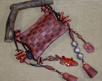 RATTLE, Handmade One of a Kind Ceramic Meditation Rattle with Found Wood Handle, Handmade Clay Beads, Seed Beads & Gardanne Enameled Fish