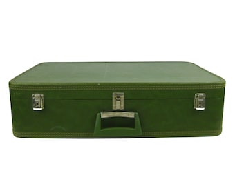 Vintage 1960s Olive Green Vinyl Suitcase Luggage, Stacking Nesting Suitcase, Large Luggage, Storage, Overnight Carry All, Wedding Photo Prop