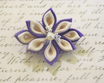 Purple and Creme Kanzashi Flower Brooch