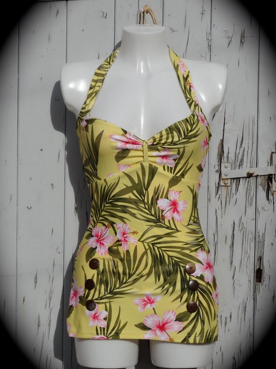 1950s Pin Up Girl Yellow Hibiscus Swimming Costume 10 12 14 16