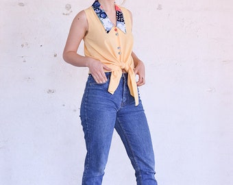 Vintage Top, 80s Top Large, Pastel Yellow Blouse, 80s Yellow Top With Collar, Sleeveless Top, Yellow Shirt, Sleeveless Shirt