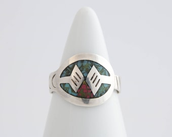 Native American turquoise and coral chip ring / sterling silver and turquoise ring / turquoise ring / turquoise jewelry / 2209