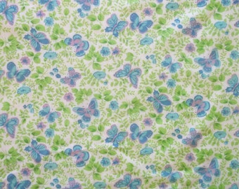 Vintage 60s Blue Lavender Lime Butterfly Cotton Blend Fabric 45x36