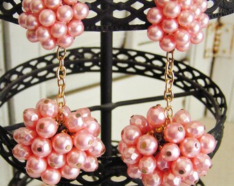Vintage Retro Mod Pink Pearl Cluster Drop Earrings Faux Pearl Clip On Earrings Runway Statement Earrings Wedding Jewelry