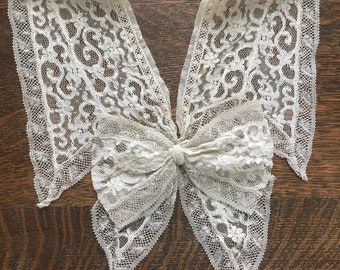 Valenciennes French Net Lace Antique Collar w/Bow~Blouse Embellishment~Ivory/Light Ecru Tape Lace Floral~Early Vintage~France