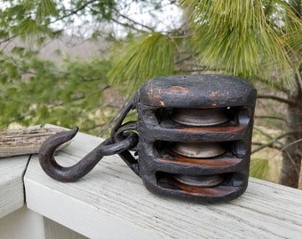 Antique Triple Pulley Wood & Iron Grungy Rustic Farmhouse Decor