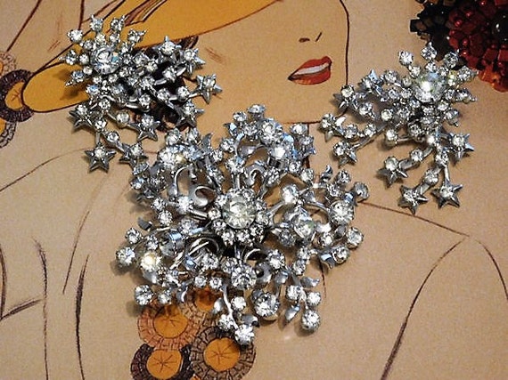 Mid Century / Rhinestone Brooch / Clip On Earrings / Demi Parure Set / WIRTH of California