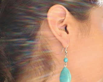 Turquoise Teardrop Silver Earrings with a Bead / Howlite Turquoise Earrings.