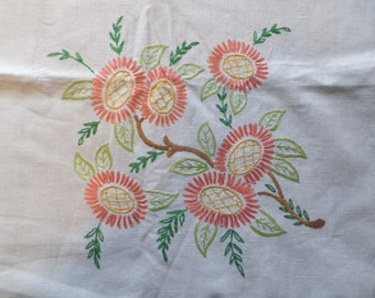 Vintage 1940's Embroidered Linen Tablecloth