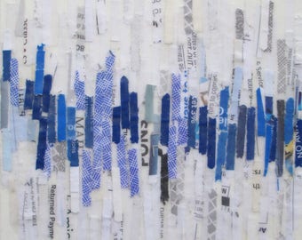 Mixed Media Acrylic collage painting, lines painting, abstract art, recycled paper art, blue lines