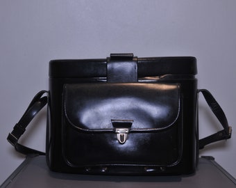 Homa Black Leather Hard Shell Camera Shoulder Bag with red lined interior - ideal for twin lens reflex and medium format cameras