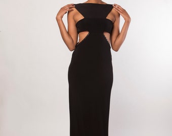 Black floor length dress.