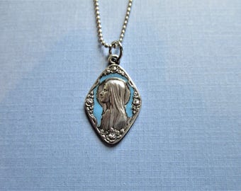 Antique Our Lady of Lourdes Religious Medal - French Religious Medal - Blue Enamel Medal - Virgin Mary Necklace - Catholic Gifts