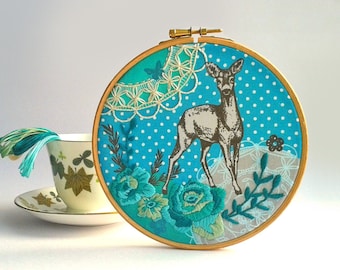 Doe Embroidery Kit. Needlecraft Kit. Modern hand embroidery. Deer and vintage rose. Sewing kit. DIY Hoop Art. Home decor. Craft Kit