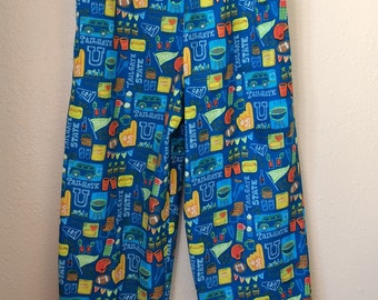 pajama bottoms, lounge pants men's sports print cotton flannel handmade elastic waist size medium blue sports lover gift ready to ship