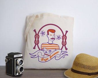 Tote bag, papa, moustache, père, marin, fêtes des pères, tatouage vintage, orange, bleu, atelier vudo ateliervudo