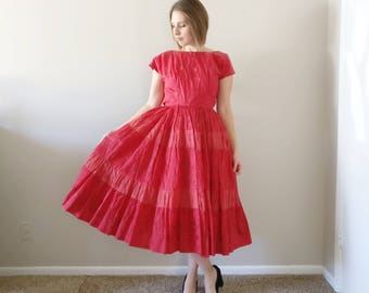 Vintage 1950s Red Rose Party Dress/50s Dress/X-Small