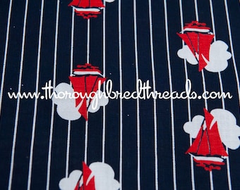 Striped Sailboats- Vintage Fabric Novelty Nautical Boats Ocean Beach Clouds