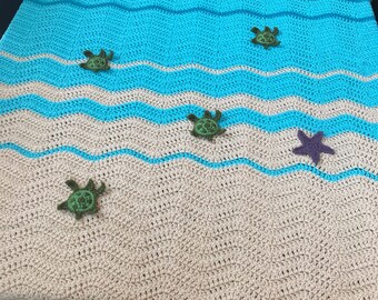 Sea turtle beach crochet afghan blanket, handmade ocean blanket, crochet sea turtle, waves