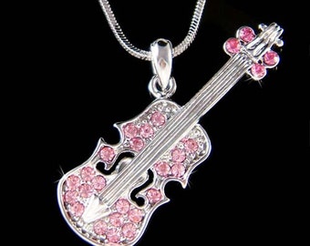 Swarovski Crystal Pink Violin Viola Cello Fiddle Musical Charm Pendant Necklace Christimas Best Friend Musican Gift New