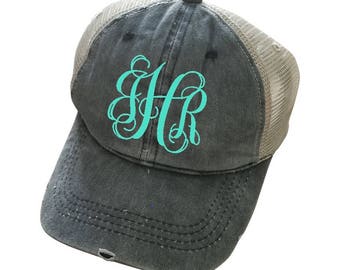 Distressed Top Knot Hat - Pony Tail - Messy Bun Hat