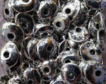 13mm Antique Silver Mykonos Greek Ceramic Cornflake Beads - 10 Beads