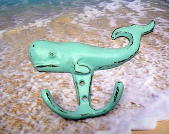 Whale Cast Iron Light Beachy Blue Wall Double Hook Shabby Elegance Cottage Chic Rustic Nautical Beach Decor Leash Jewelry Hat Bathroom Hooks