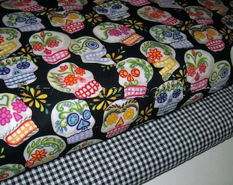 2 Yds Total - Alexander Henry MINI CALAVERAS Duo Black 1 Yard and GINGHAM Check Black White 1 Yard Skull Quilt Fabric