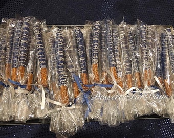 1Dozen Dark Blue Pretzel Rods with Gray Swirls and Sprinkles. Edible Party Favors. Dessert Table. Chocolate Covered Pretzels.