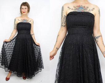 SALE - Vintage 90's Black Lace Strapless Party Dress / 1990's Lace Formal Dress / 50's Inspired / Women's Size Small